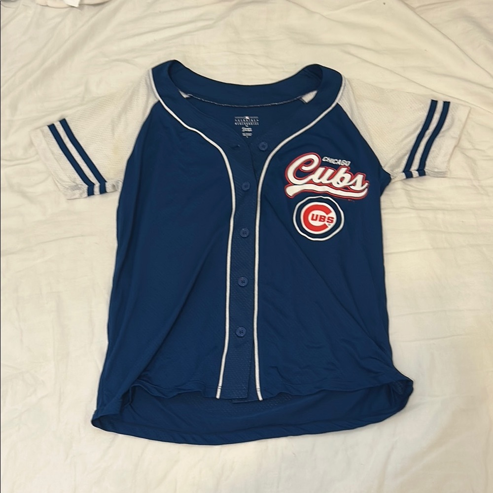 Majestic Blue and White Baseball Jersey with Cubs Logo